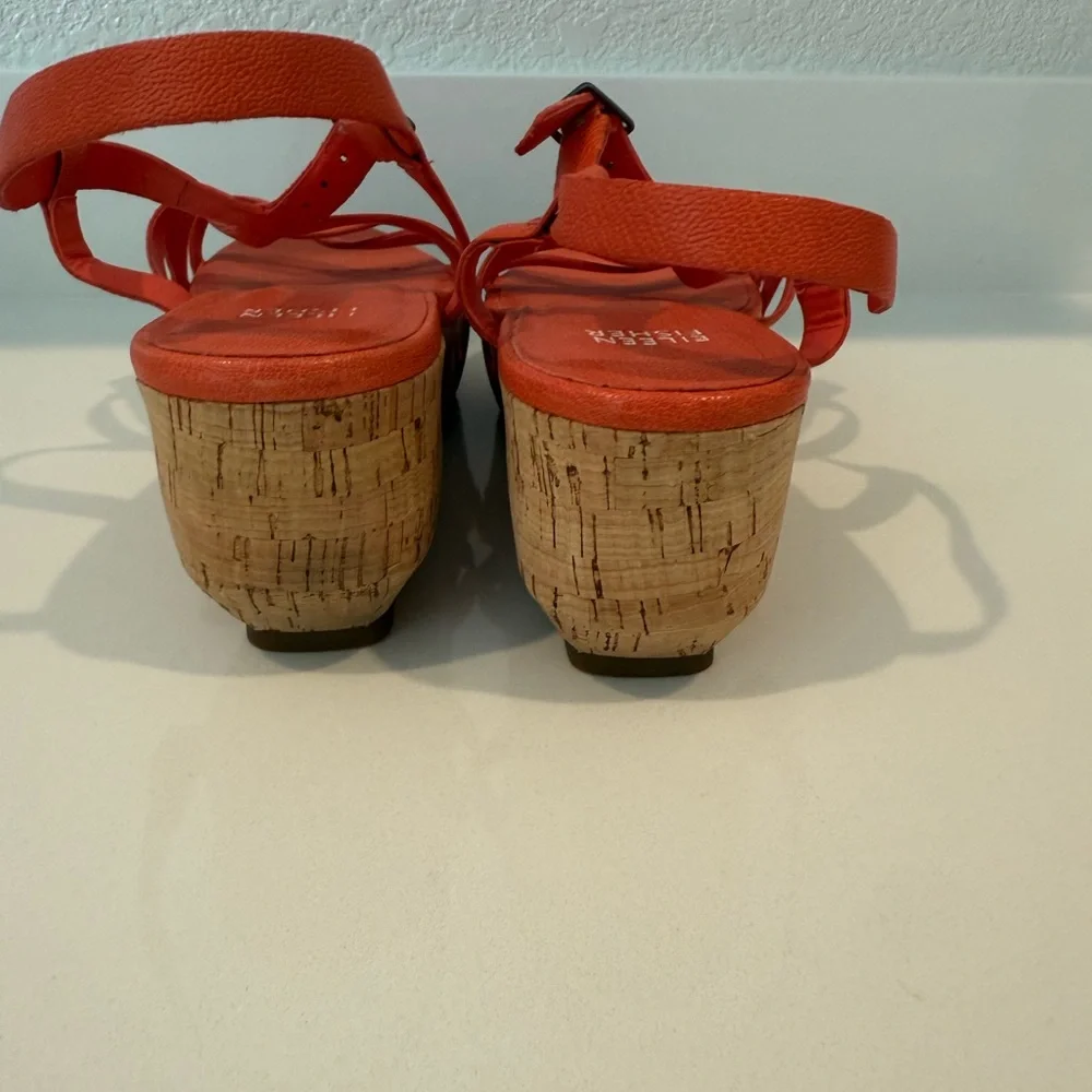 Eileen Fisher Array Platform Sandals Strappy Cork Wedge Coral Orange Size 11